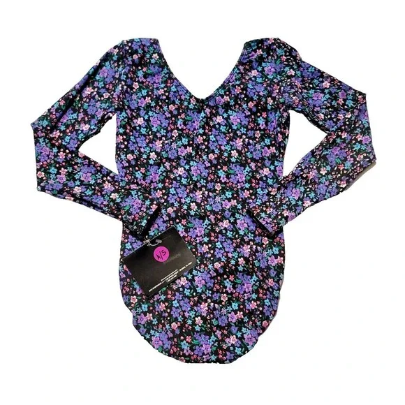 GK Elite VTG Field of Flowers Cotton Blend LS Leotard Bodysuit Purple AS Adult S - Picture 9 of 16